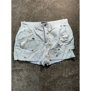 Forever21 White Corduroy Shorts with‎ Green Flowers Trendy Summer Comfy Sz 1x